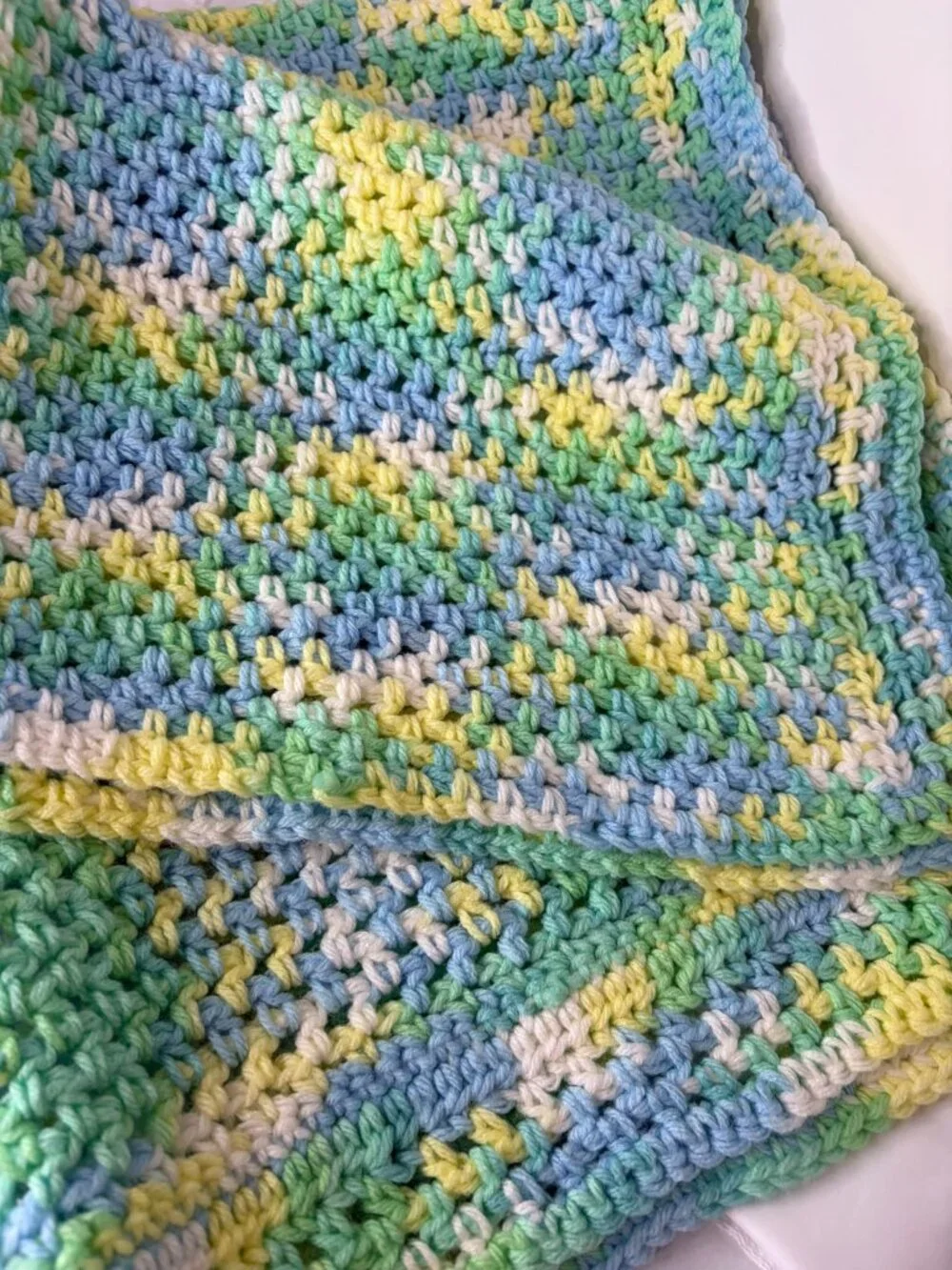 Handmade Crochet Baby Blanket Blue Green Yellow White Grandmacore Nursery Throw